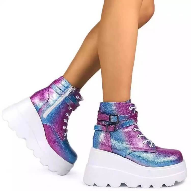 Multi Color Metallic Ankle High Platform Boots