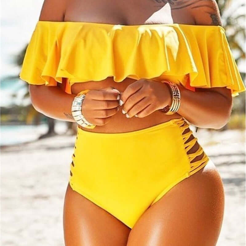 Off-shoulder Ruff Split Side Bikini