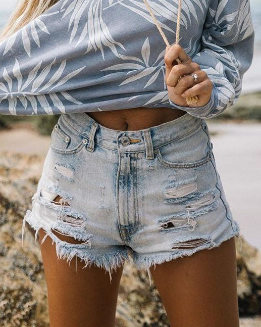 Breeze High Waist Ripped Tassel Denim Shorts