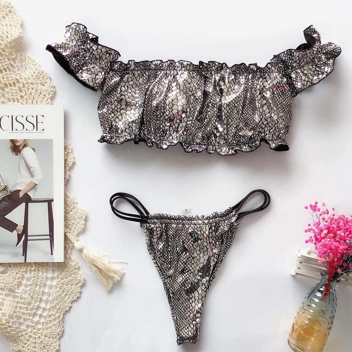 Python Off Shoulder Thong Bikini