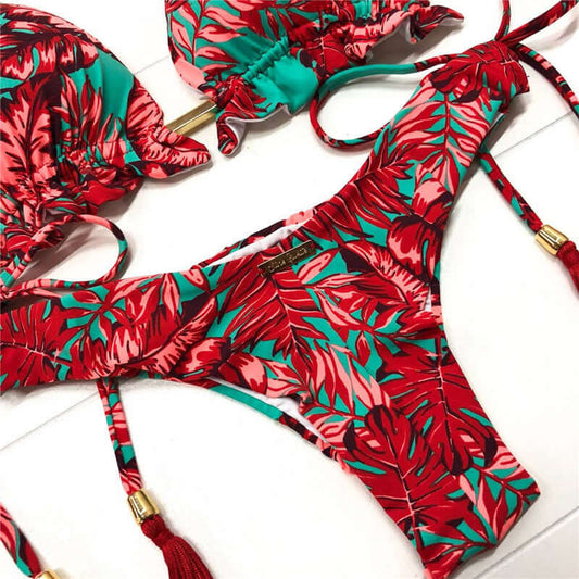 Red Palm Tasseled Cheeky Bikini