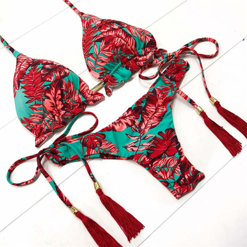 Red Palm Tasseled Cheeky Bikini