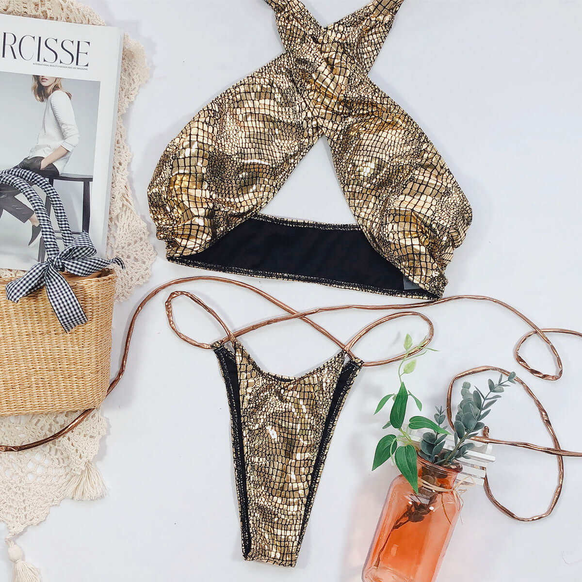 Metallic Python Cross Bust Thong Bikini