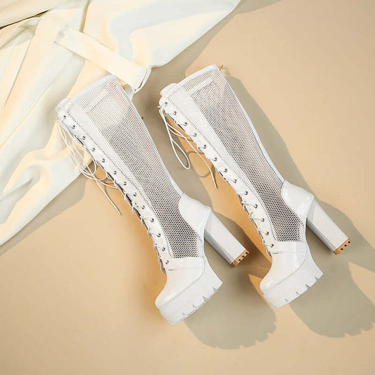 Leather Square Heel Mesh Platform