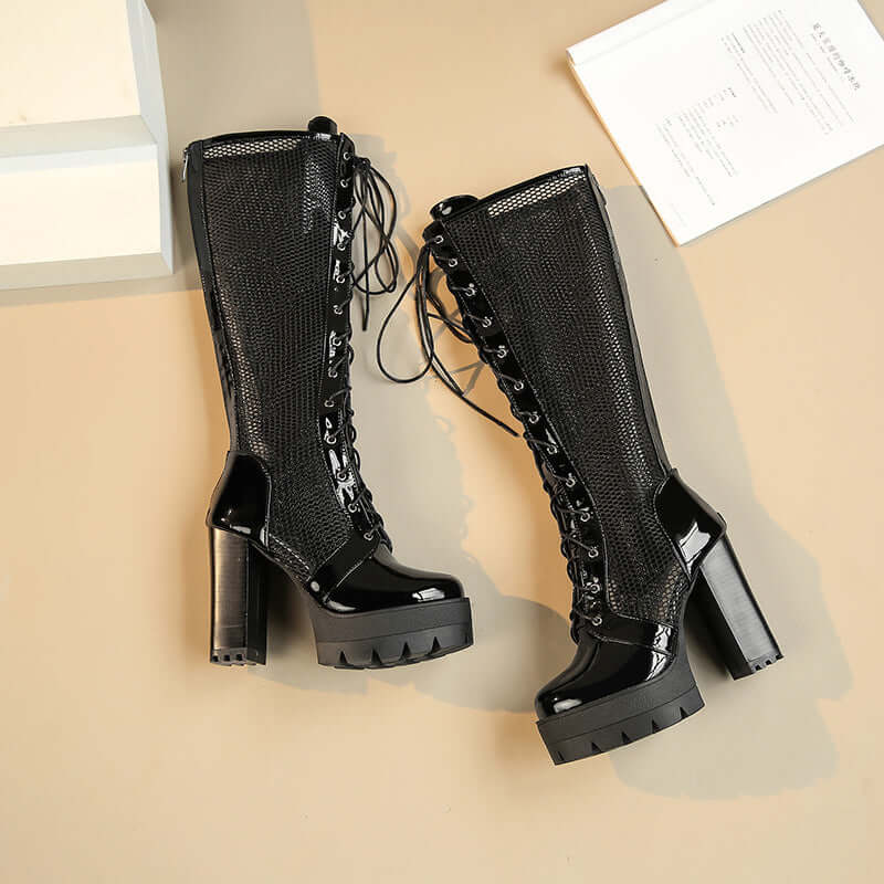 Leather Square Heel Mesh Platform