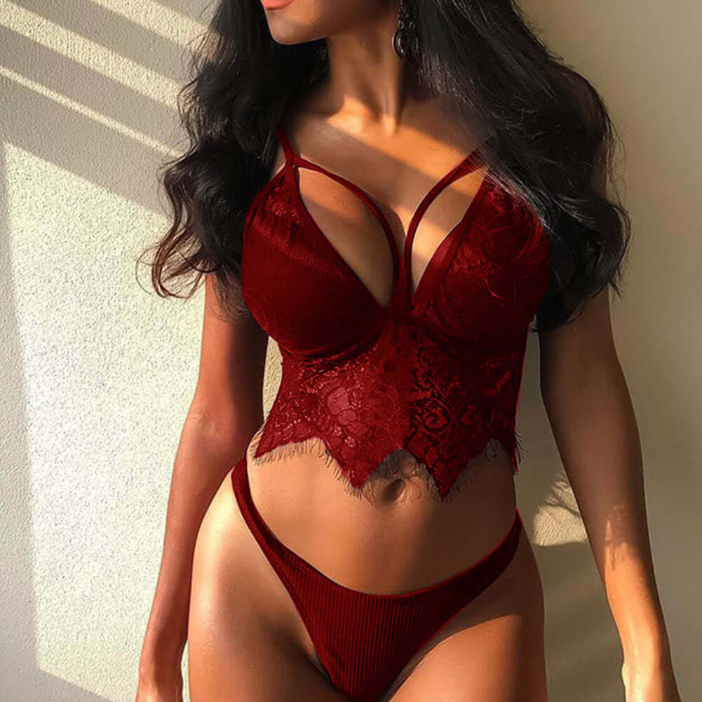 Deep V Lace Crop Set