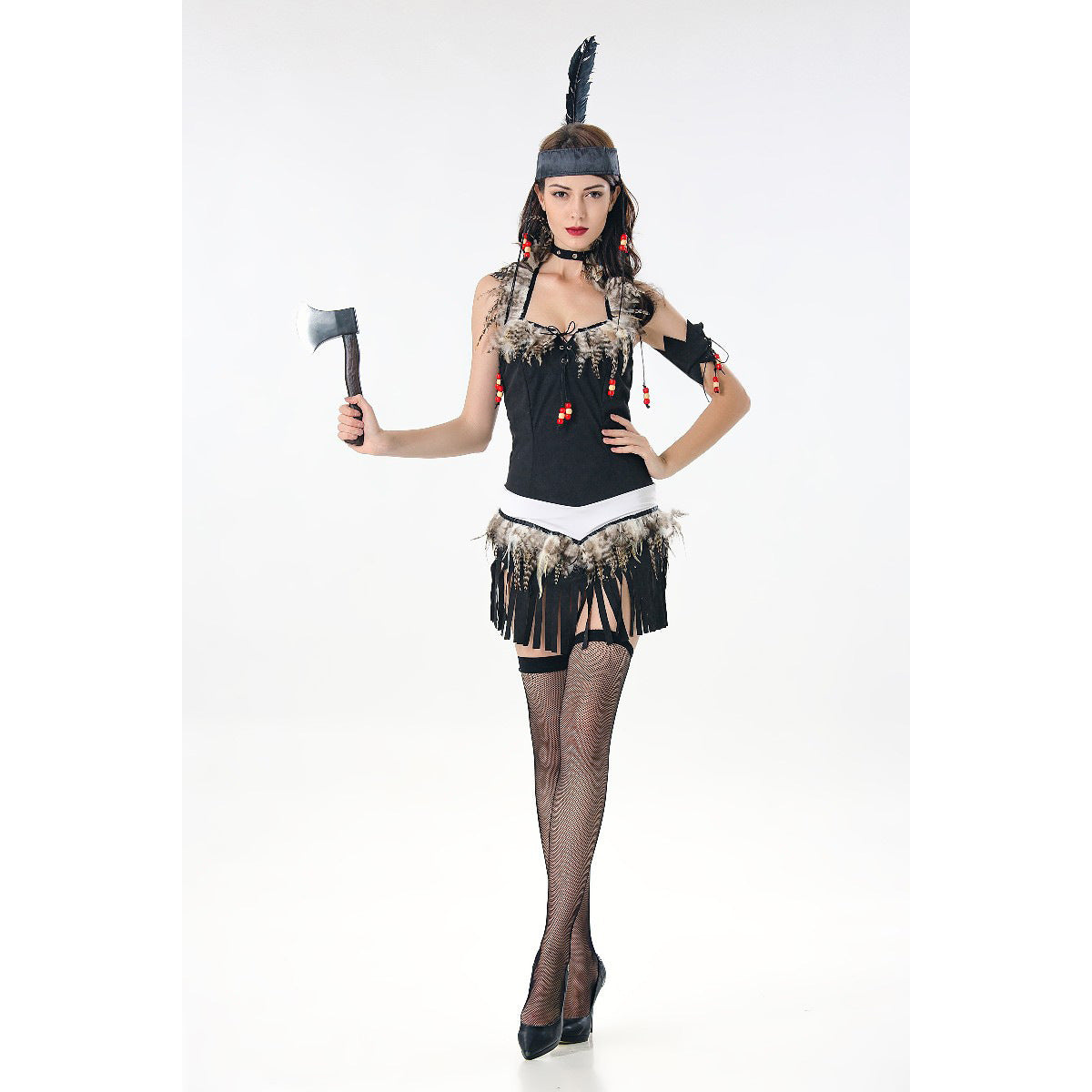 Person in a black costume with feathered headdress holding an axe on a white background