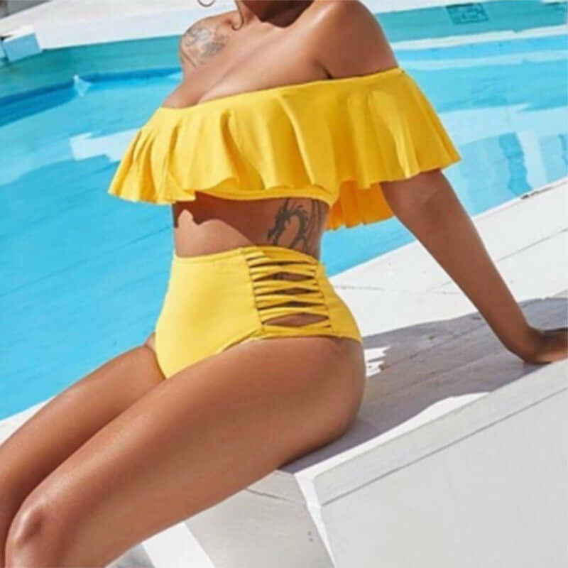 Off-shoulder Ruff Split Side Bikini