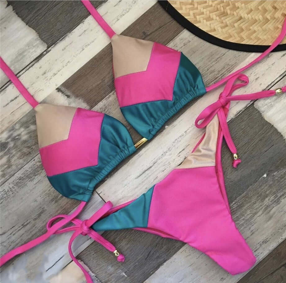 Vintage Triangle Tie Side Thong Bikini