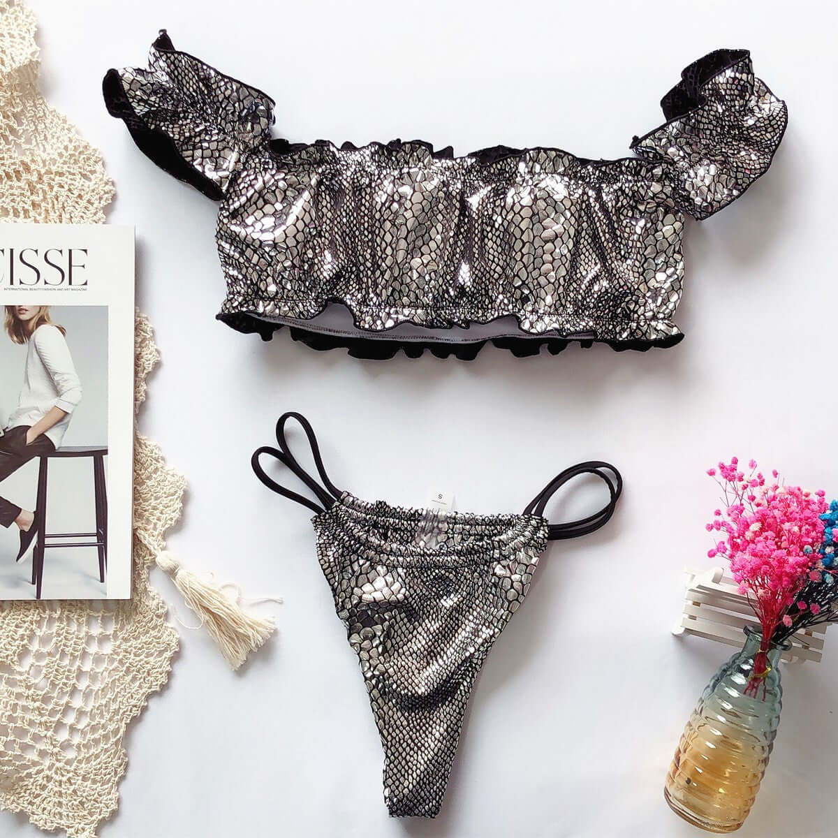 Python Off Shoulder Thong Bikini
