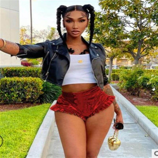Metallic Ruffle Trim High Waist Mini Shorts