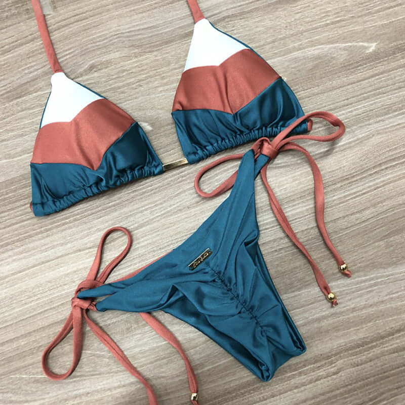 Vintage Triangle Tie Side Thong Bikini