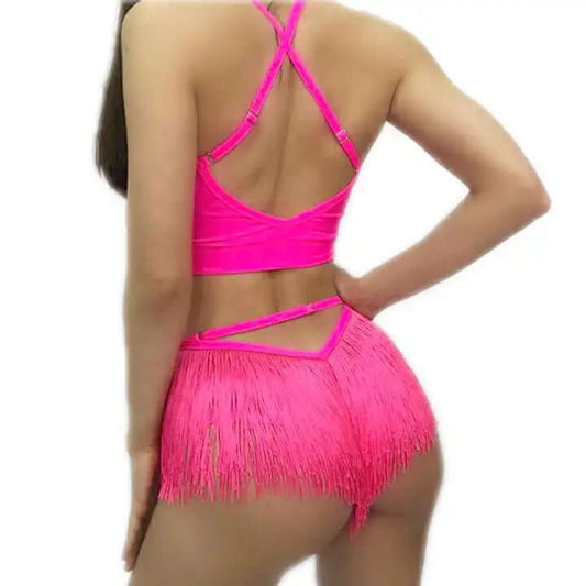 Turn heads in this seductive pink tasseled cheeky set, featuring a daring back and playful fringe details.