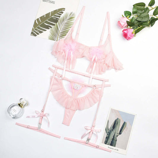 Pink Pleated Mesh Lingerie Set