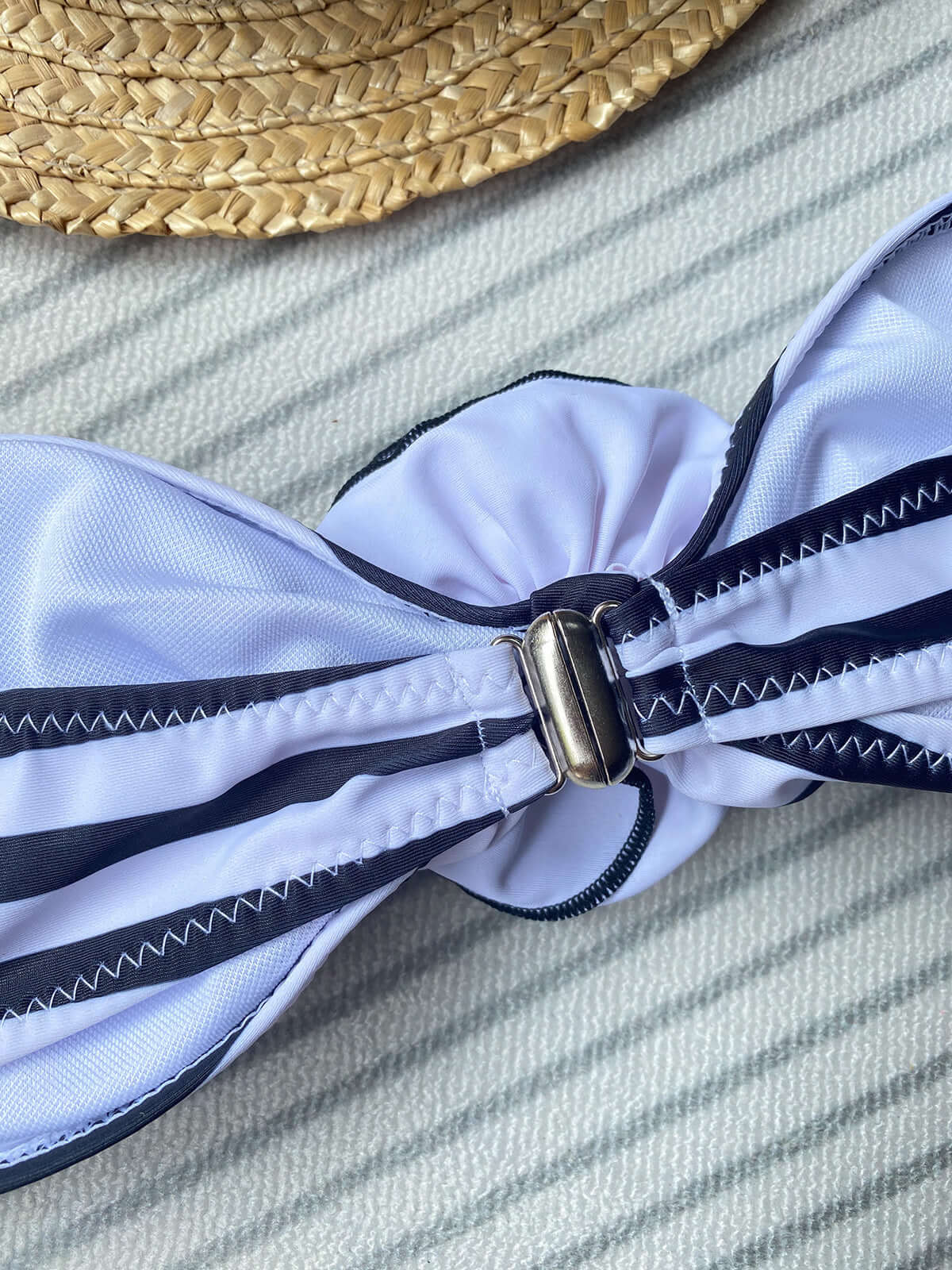 Close-up of a 3D Rose tube top design with black and white stripes, ideal for sexy lingerie and swimwear styles.
