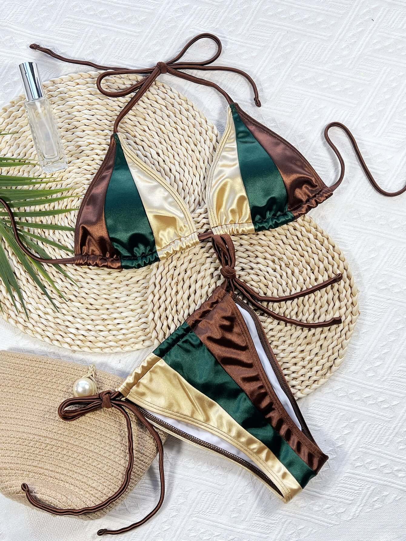 Tri-color scrunch thong bikini set perfect for sultry beach vibes and summer confidence.