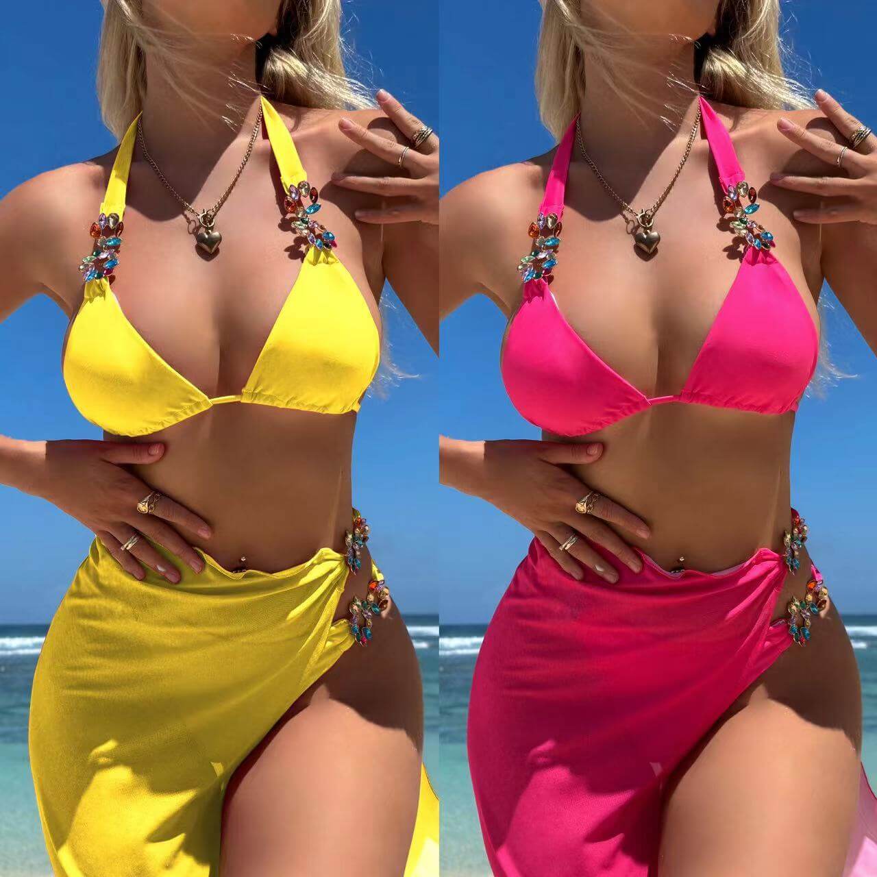 Multi Stone Three Piece Cheeky Bikini