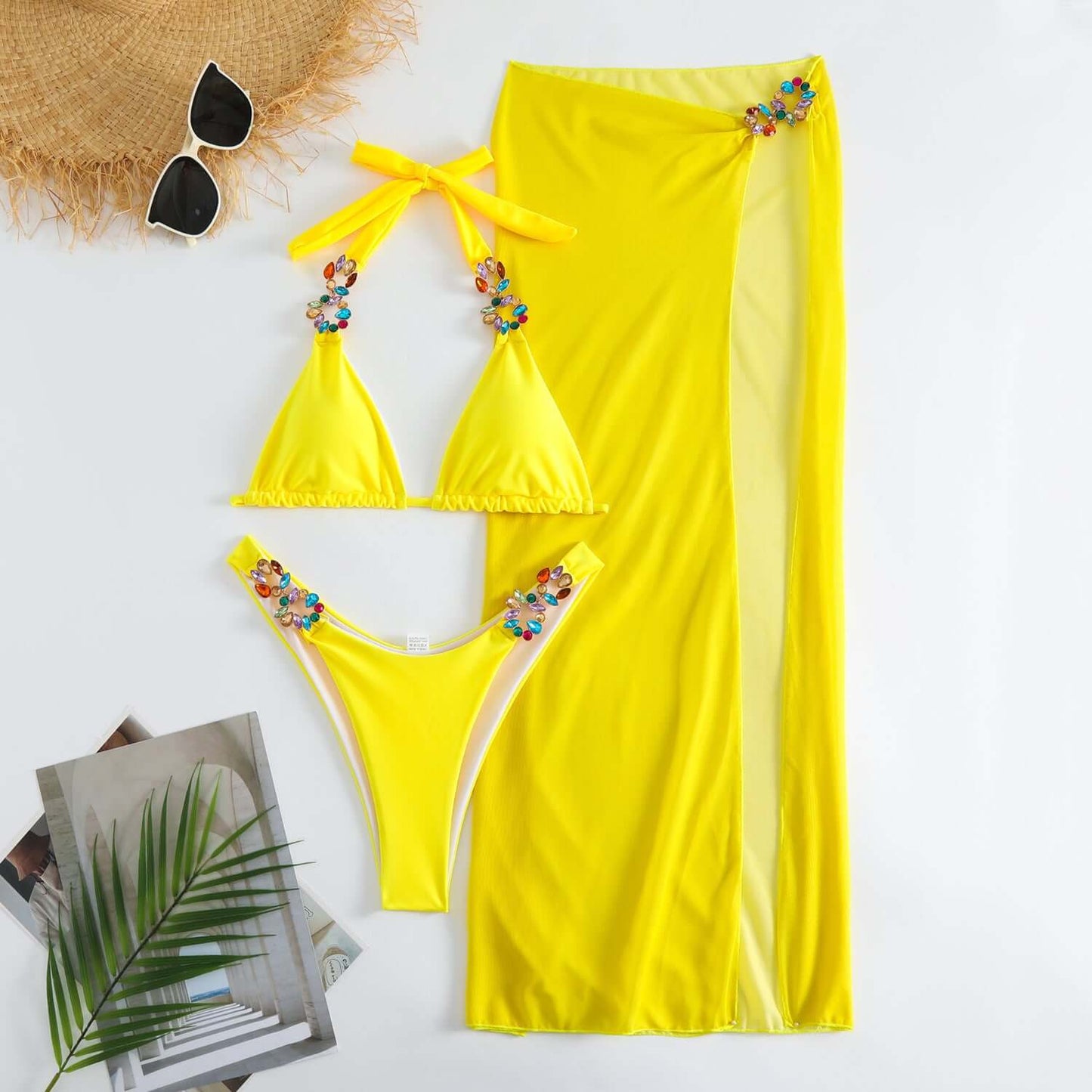 Multi Stone Three Piece Cheeky Bikini
