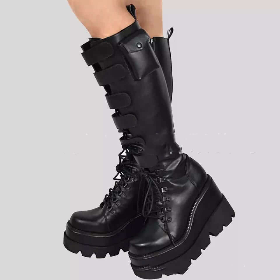 Black Combat Style Platform Boots