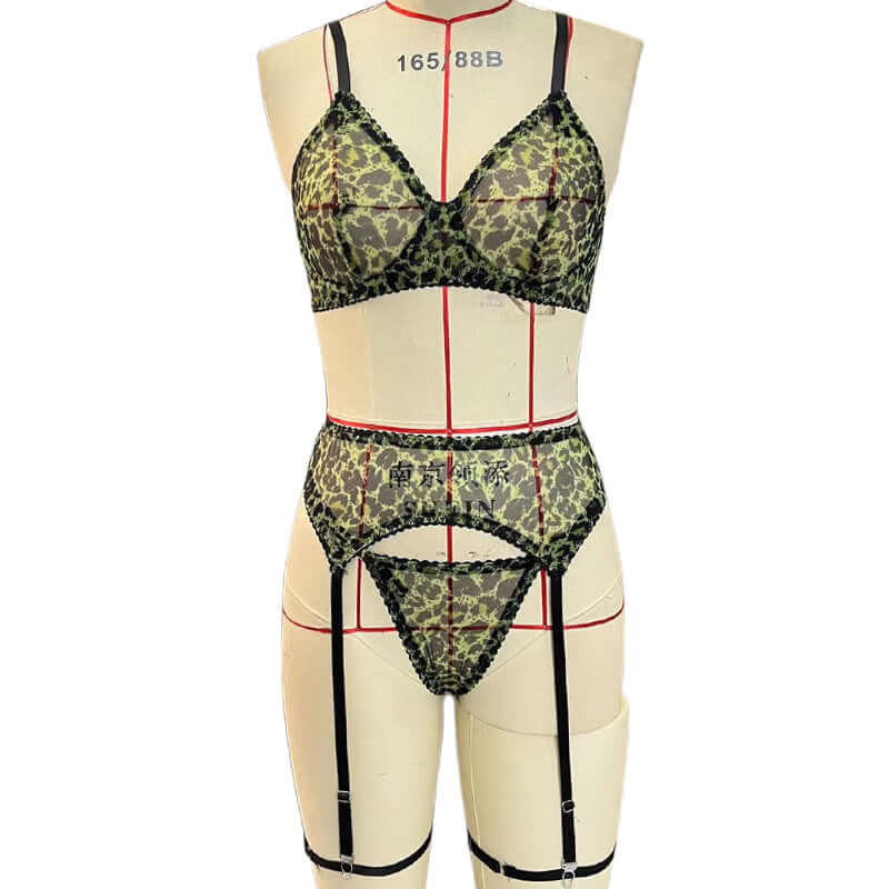 Green Mesh Leopard Print Set