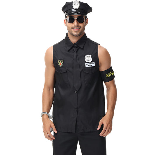 Person wearing a black police costume with a hat, shirt, and arm band on a white background
