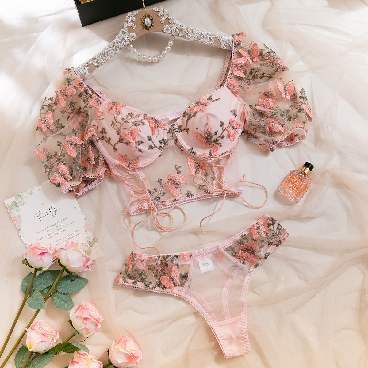 Butterfly Bubble Sleeve Crop Two-piece Suit