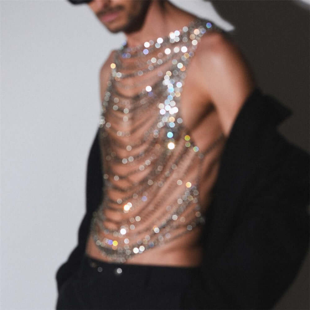 Mens Rhinestone Chest Chain