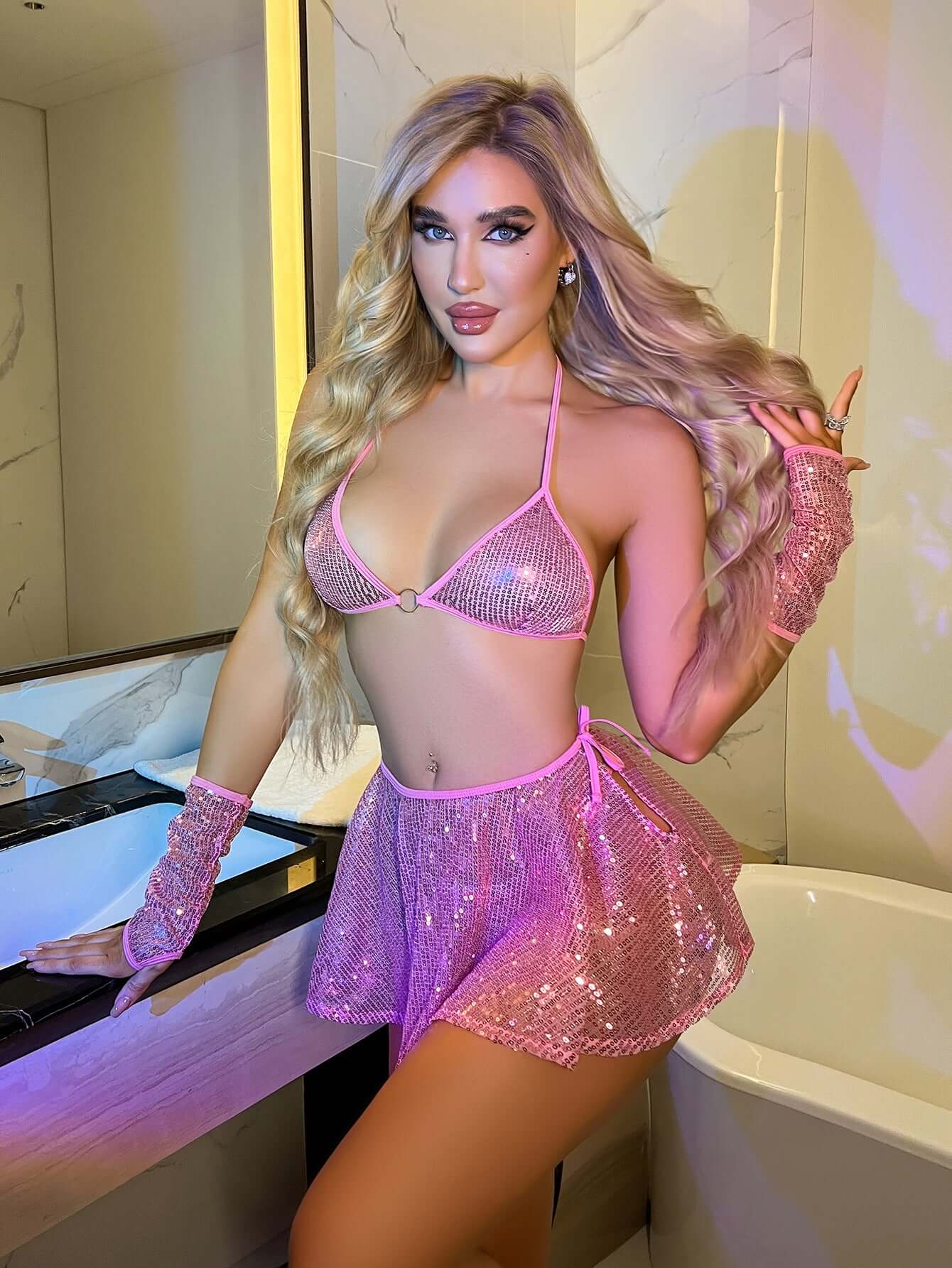 Sequined Mesh Skirt Set