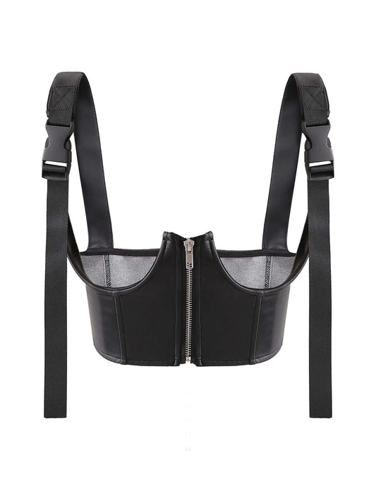 PU Leather Zip Front Corset Crop Top