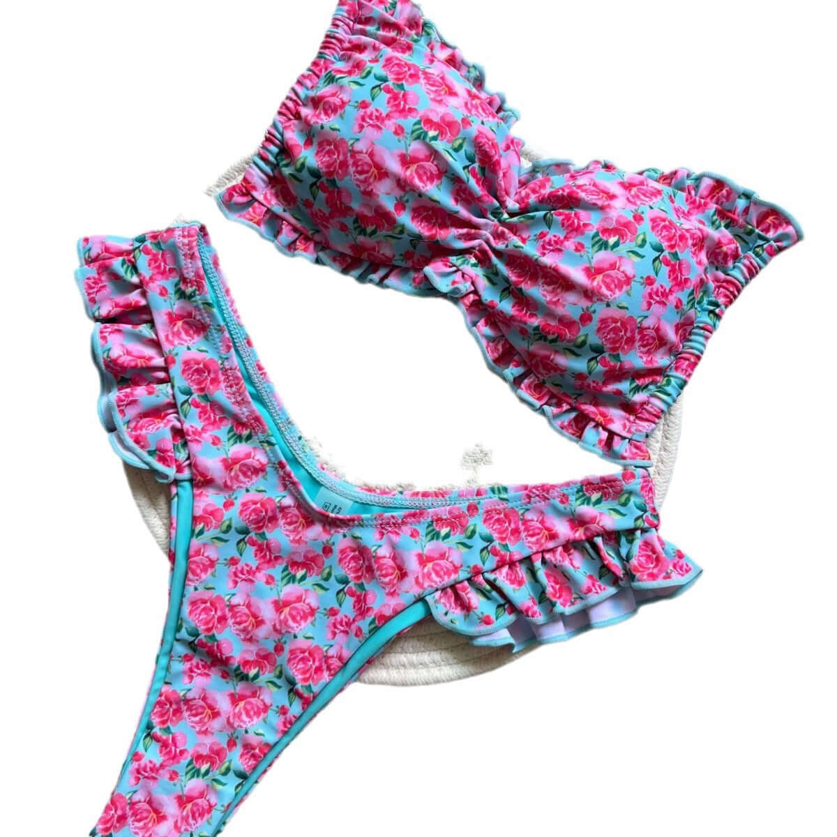 Scrunched Roses Strapless Thong Bikini