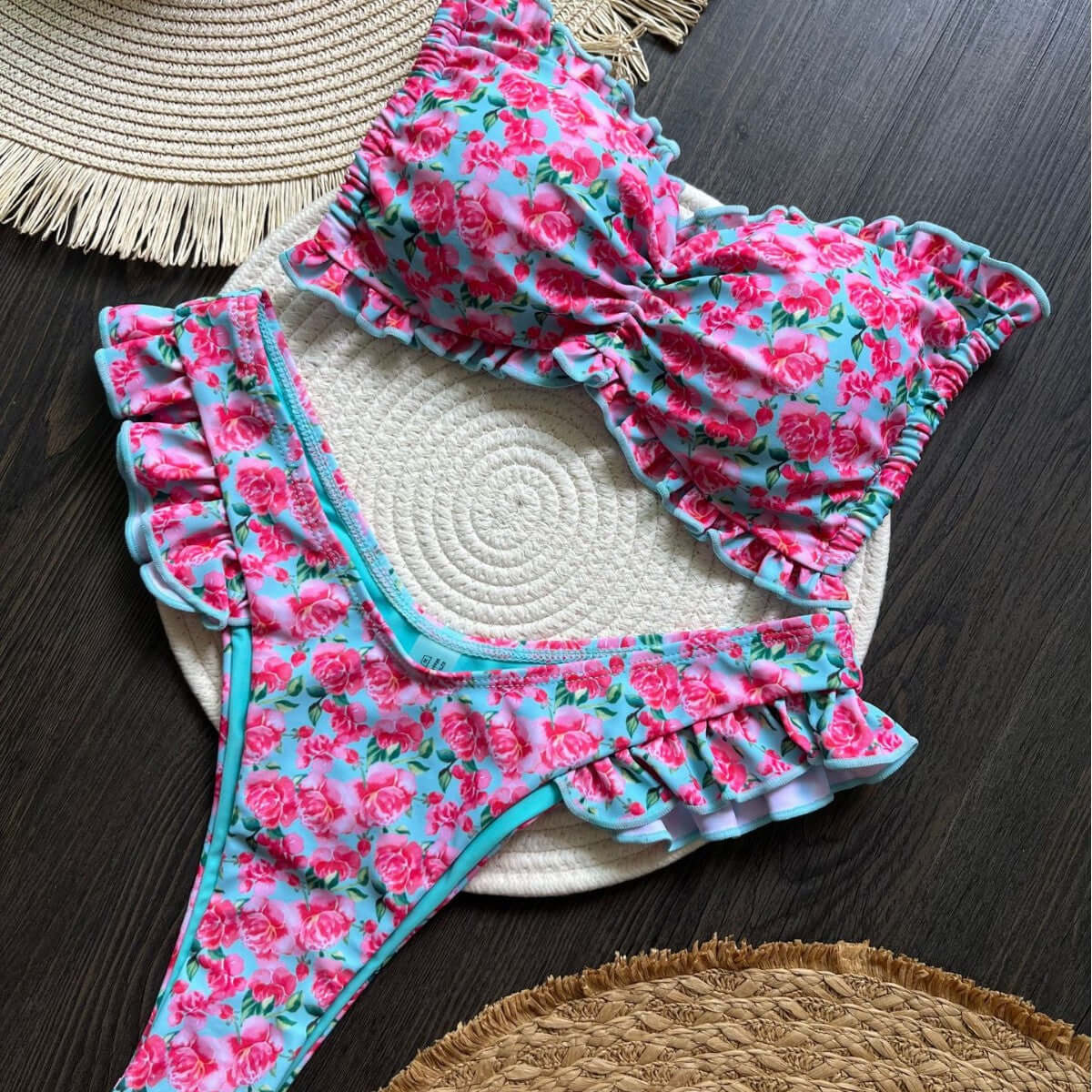 Scrunched Roses Strapless Thong Bikini