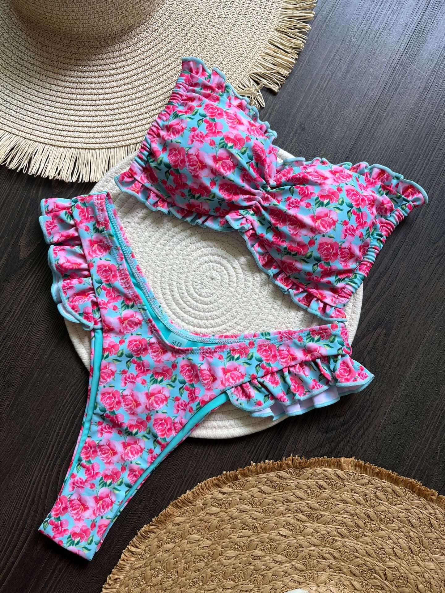 Scrunched Roses Strapless Thong Bikini