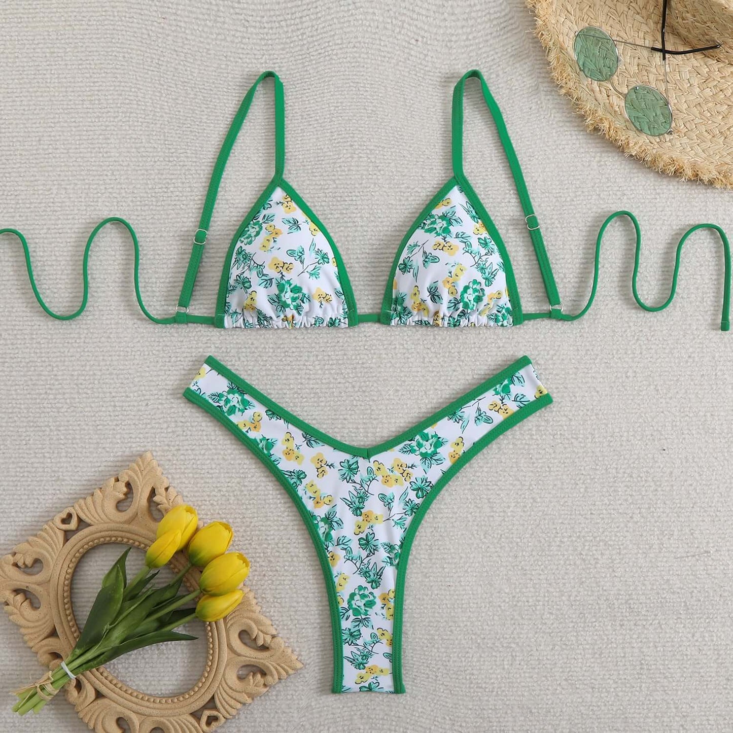 Outline Floral Thong Bikini
