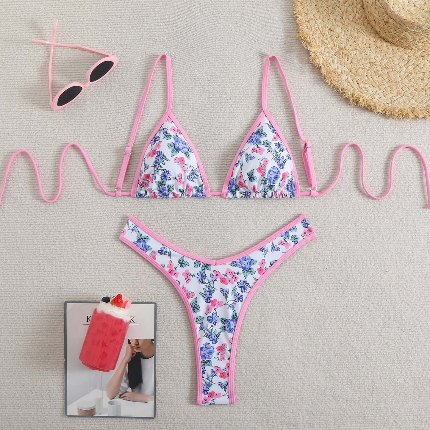 Outline Floral Thong Bikini