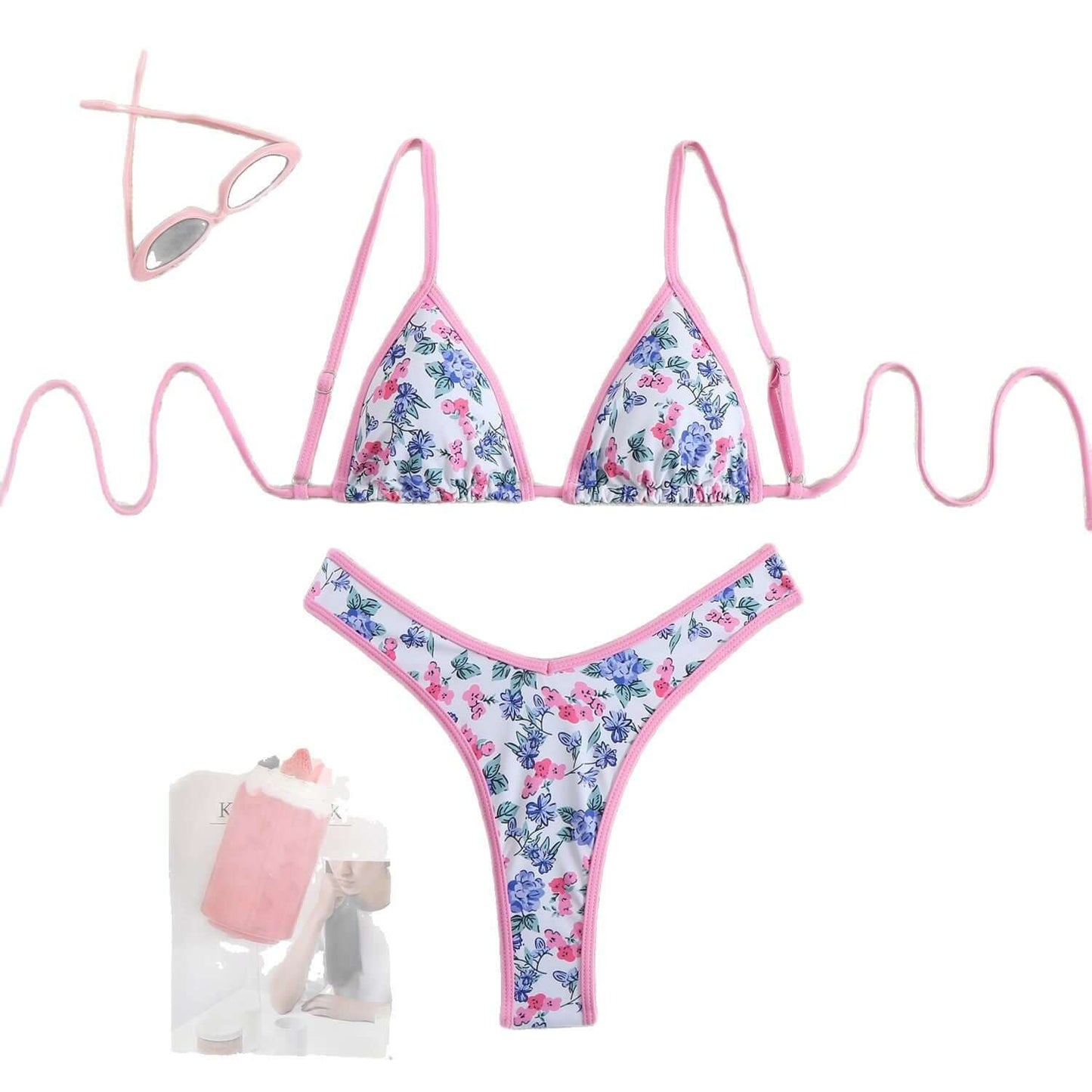 Outline Floral Thong Bikini