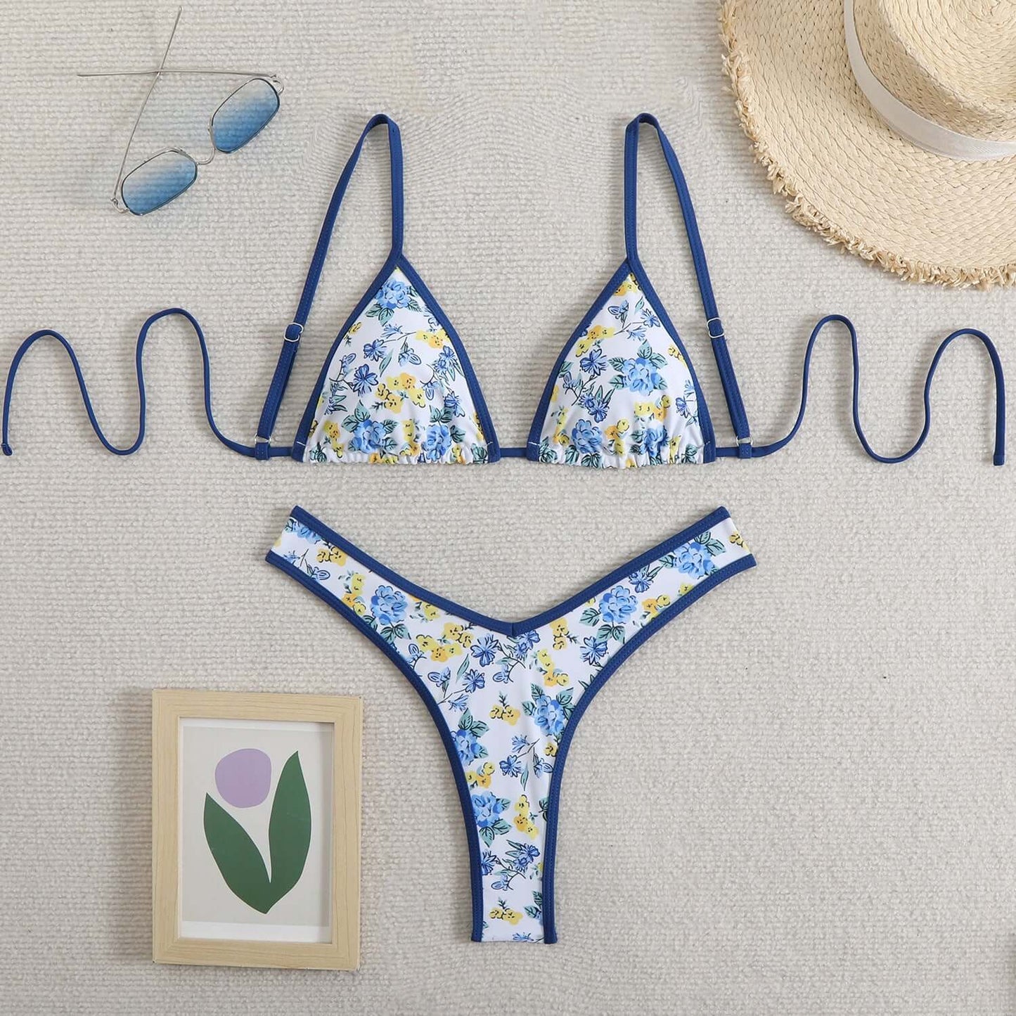 Outline Floral Thong Bikini