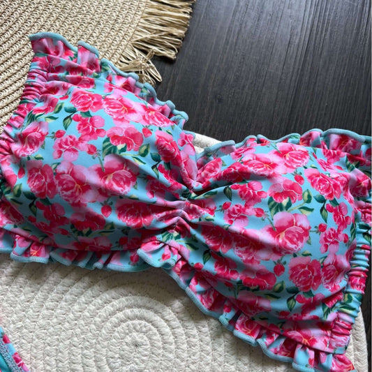 Scrunched Roses Strapless Thong Bikini