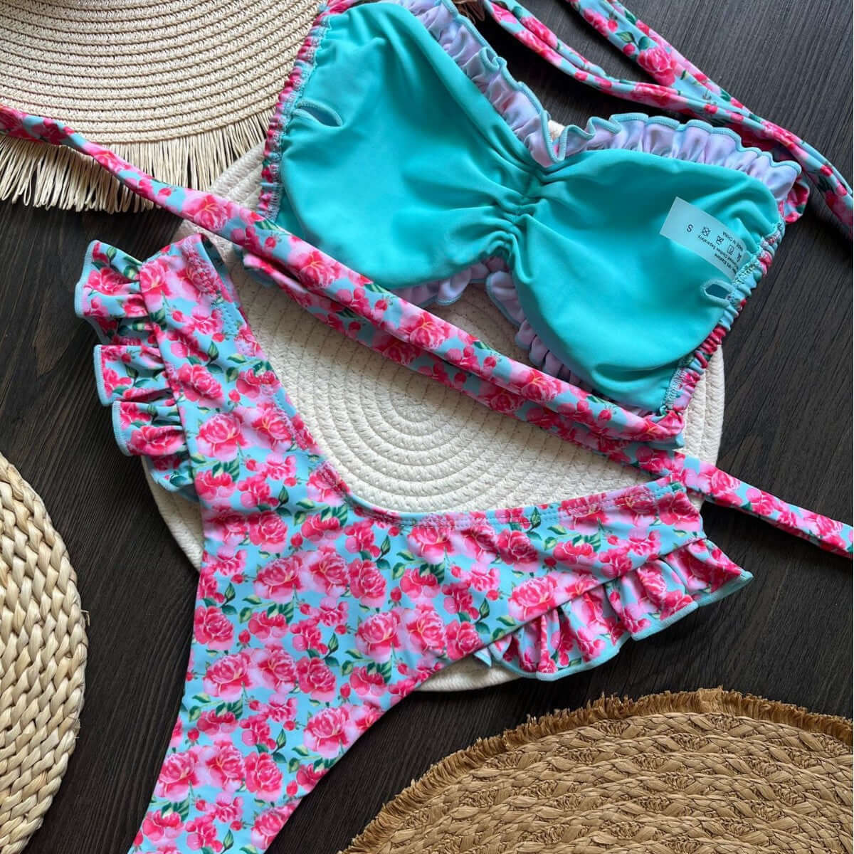 Scrunched Roses Strapless Thong Bikini