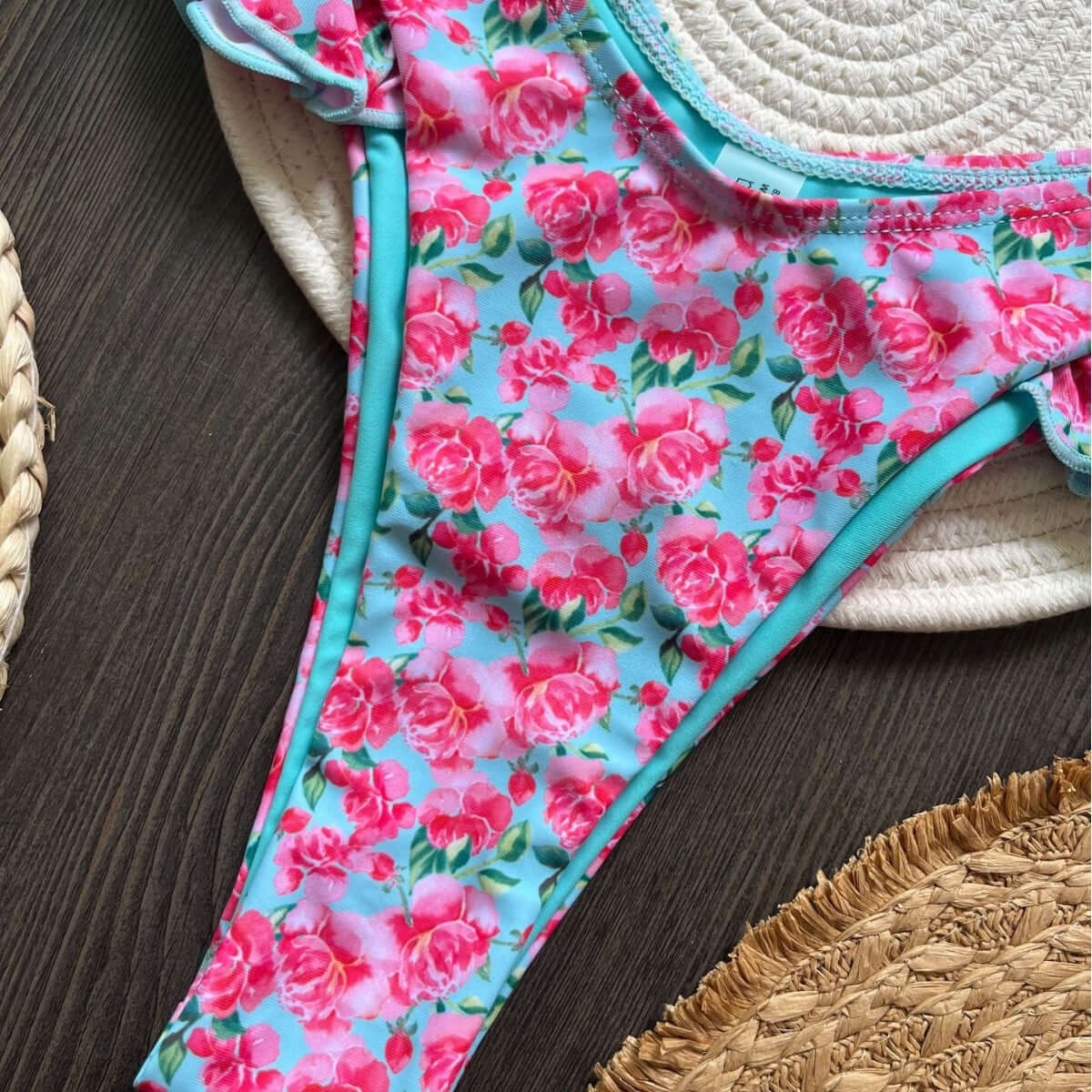 Scrunched Roses Strapless Thong Bikini