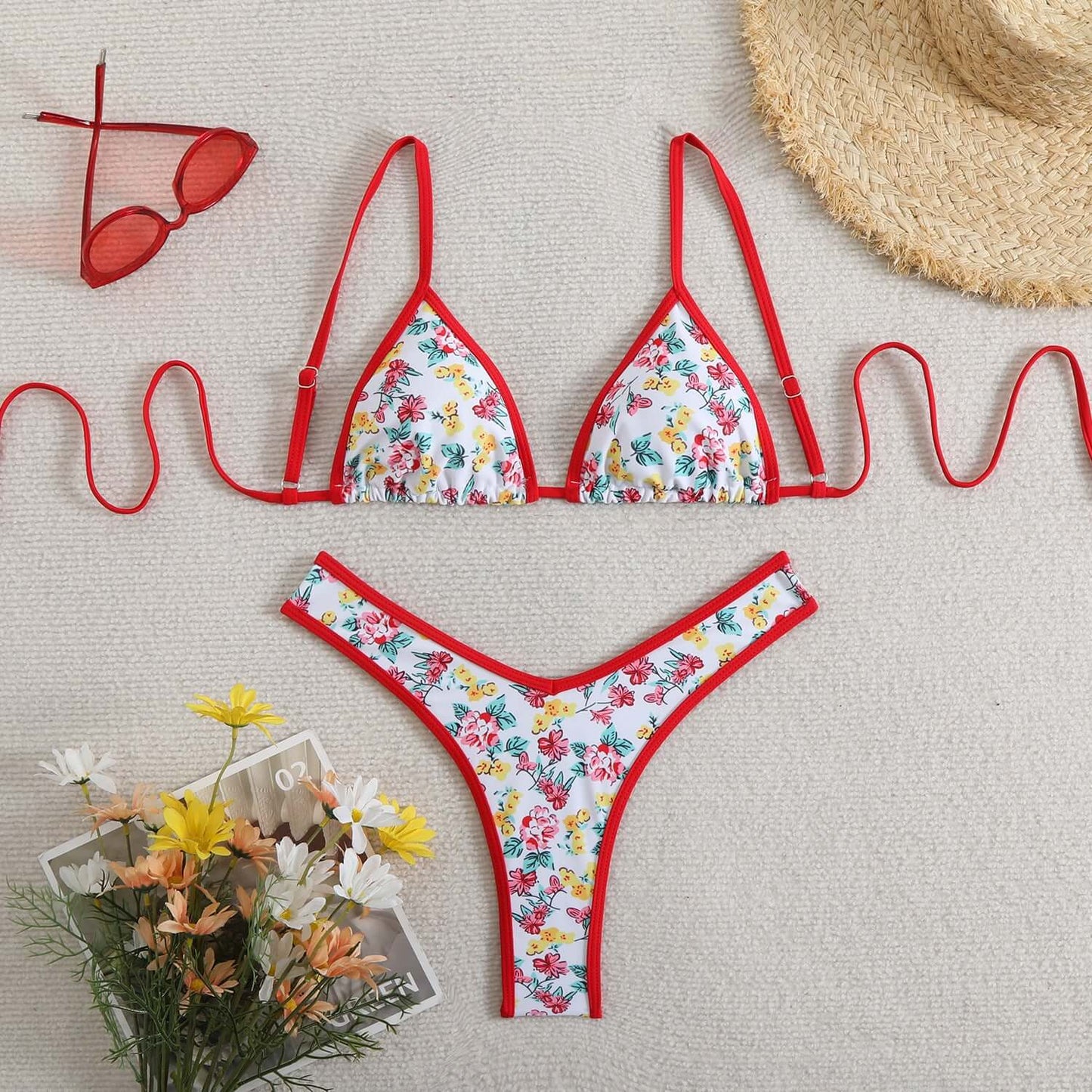 Outline Floral Thong Bikini