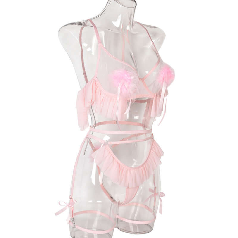 Pink Pleated Mesh Lingerie Set