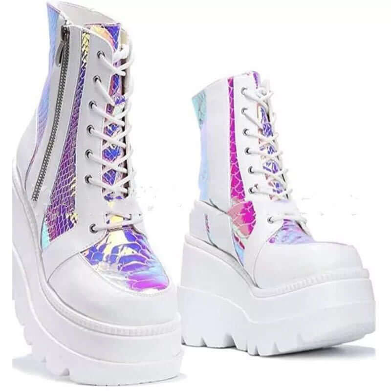White Rainbow Metallic Platform Boots