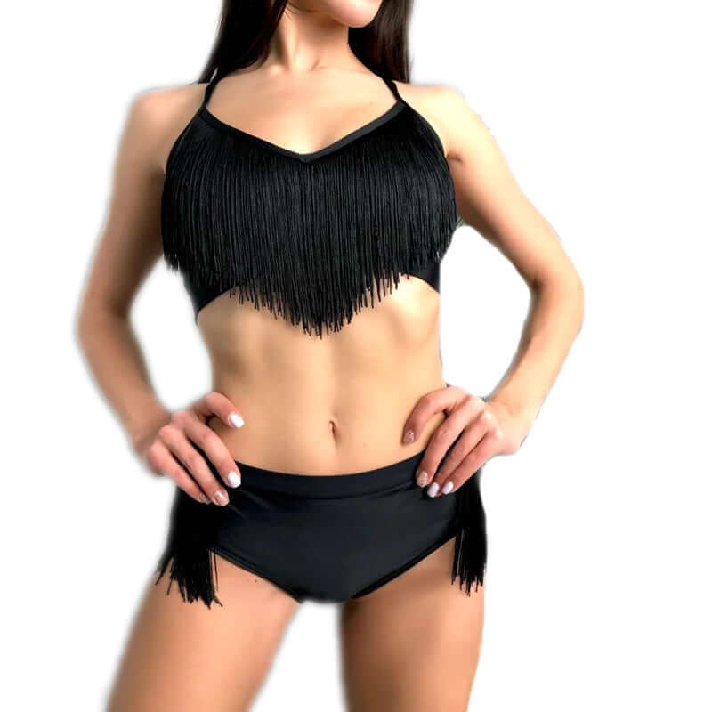 Turn heads in this sultry tasseled cheeky set, featuring a stunning fringe top and flirty high-waisted bottoms.