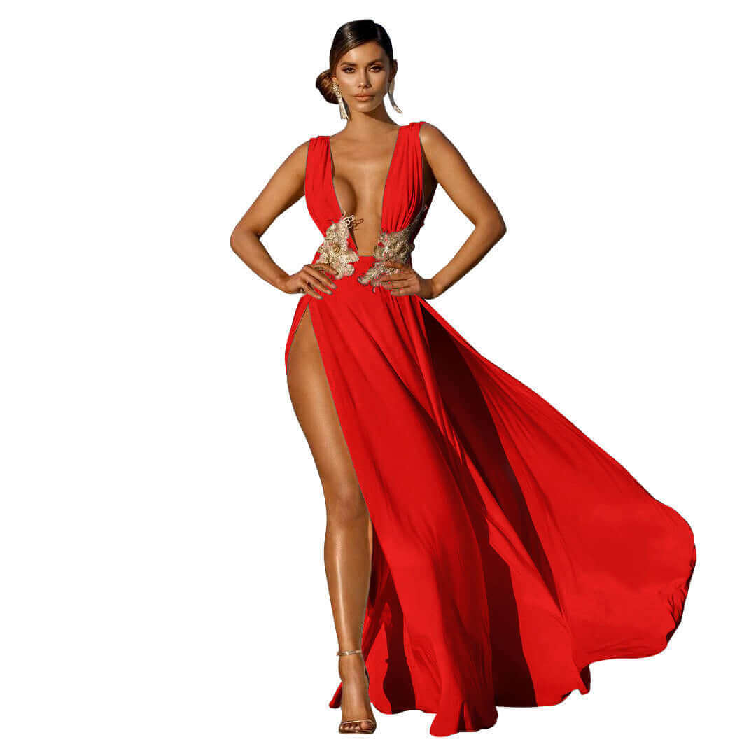 Goddess Deep V High Slit Large Swing Floor Long Dress