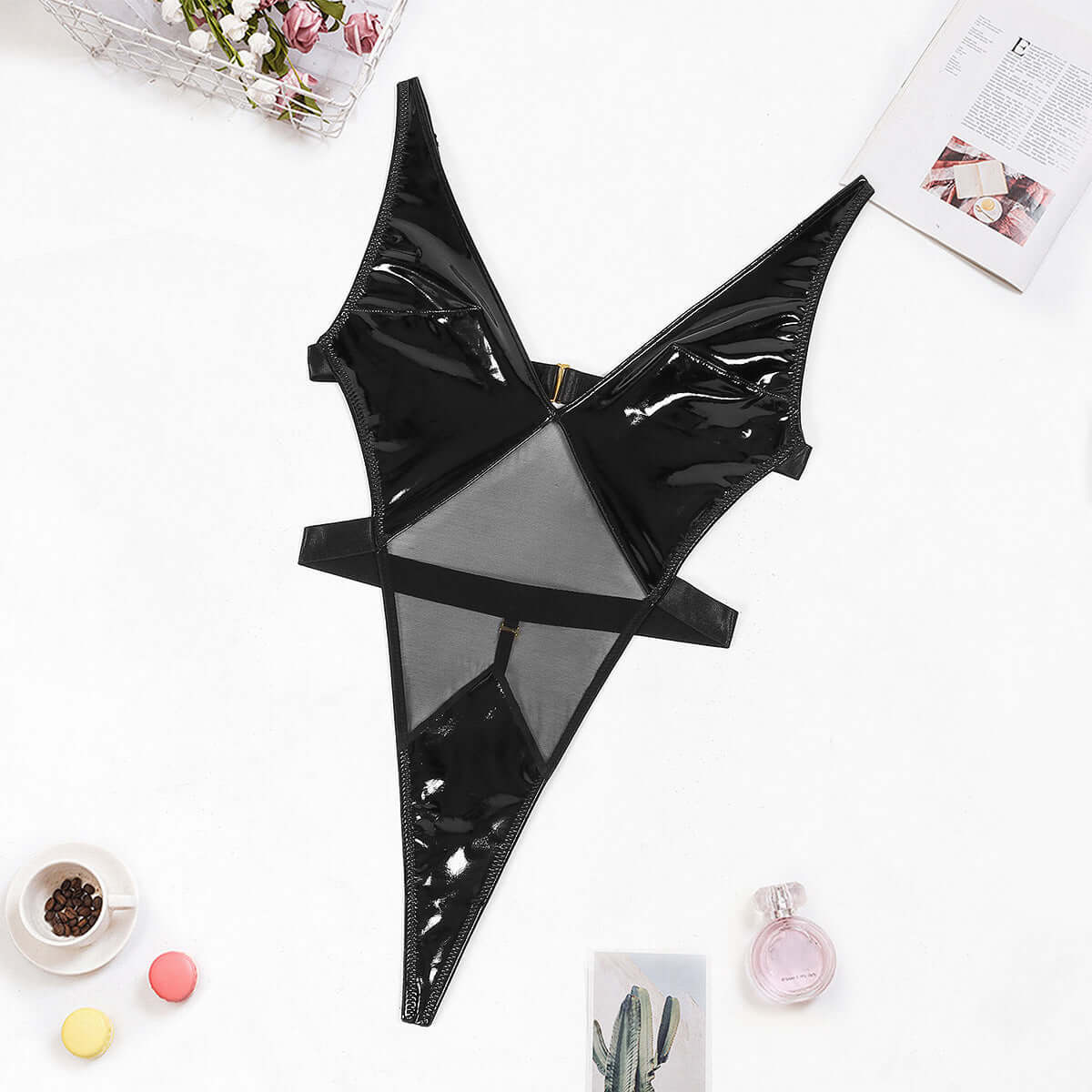 Kinks Mesh Mid Wet Look Leather Bodysuit