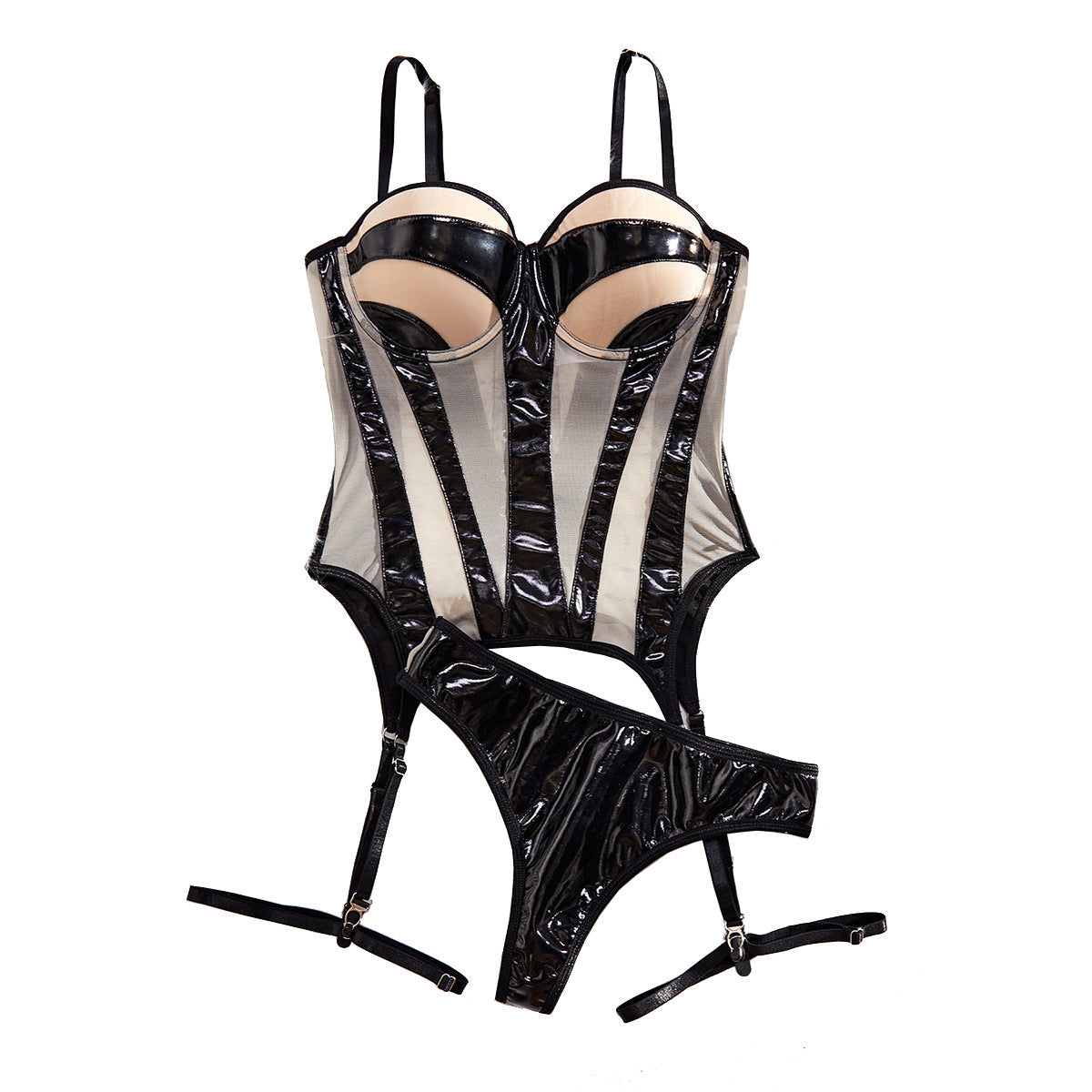 Wet Leather Mesh Corset Set
