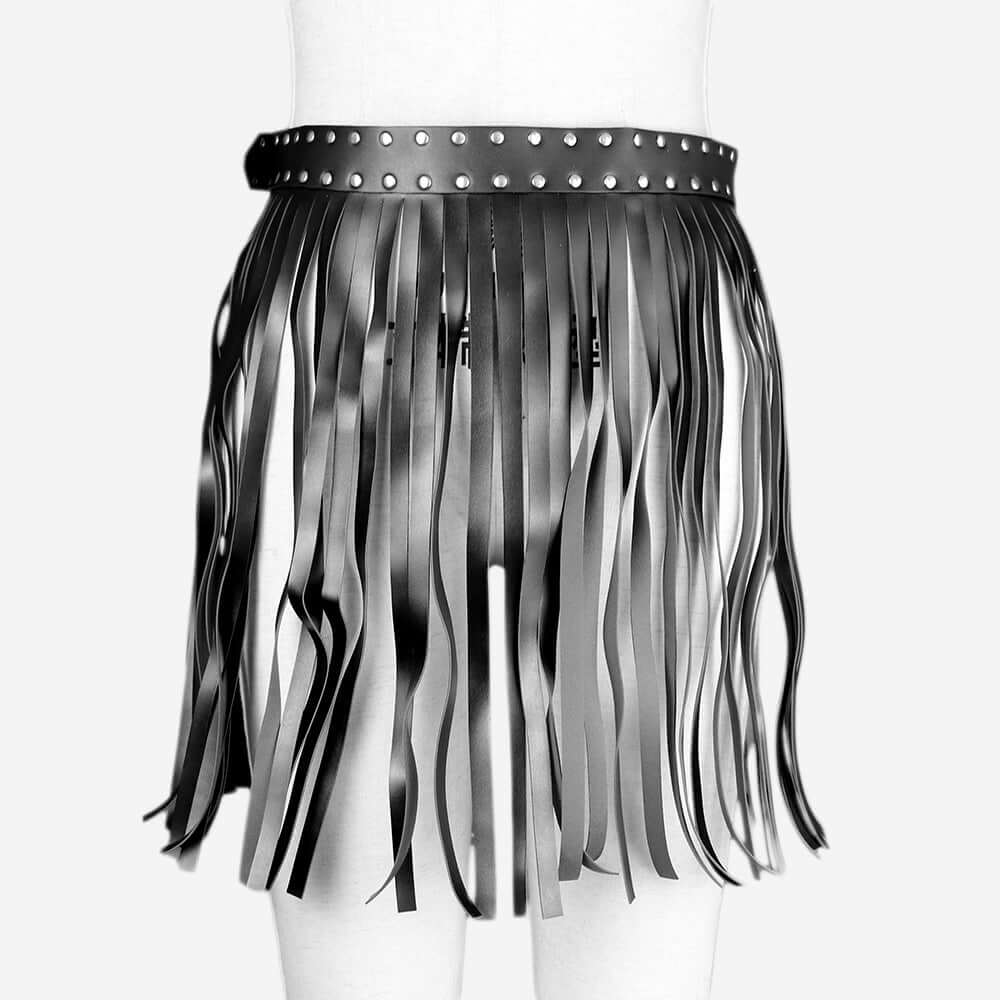 Studded Leather Belt Fringe Skirt