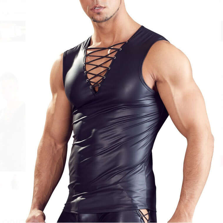 Laced Up V Neck Leather Cut Off