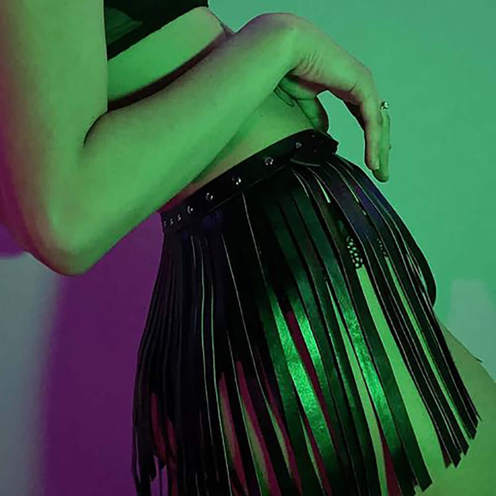 Studded Leather Belt Fringe Skirt
