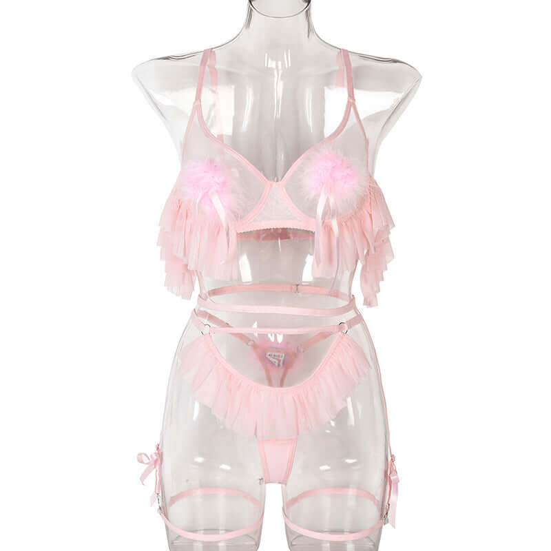 Pink Pleated Mesh Lingerie Set